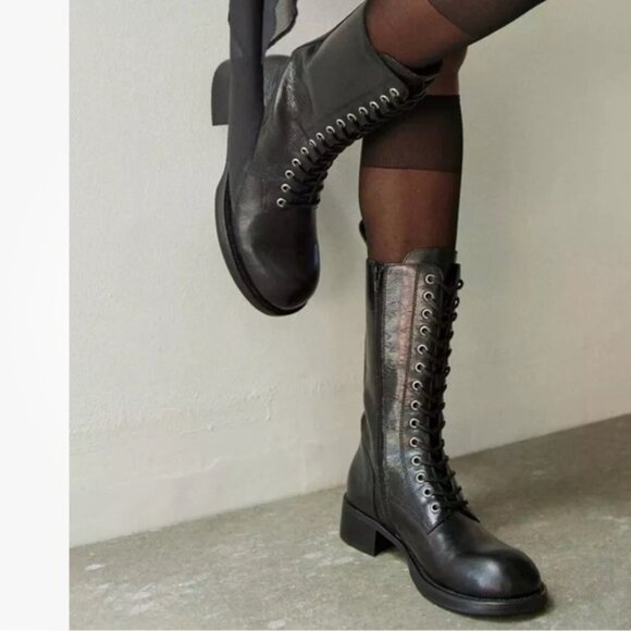 NEW$275 Jeffrey Campbell Gazette Black leather lace up combat boots women size 7 - Picture 1 of 8